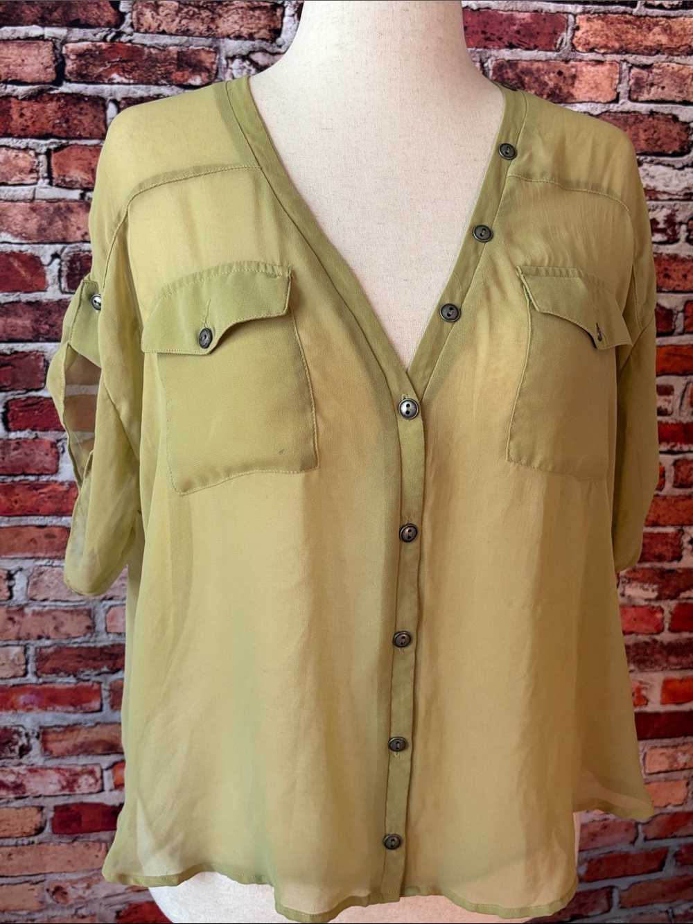 Papaya Light Olive Green Button-Front and Back Sheer Cap sleeve Blouse S/M